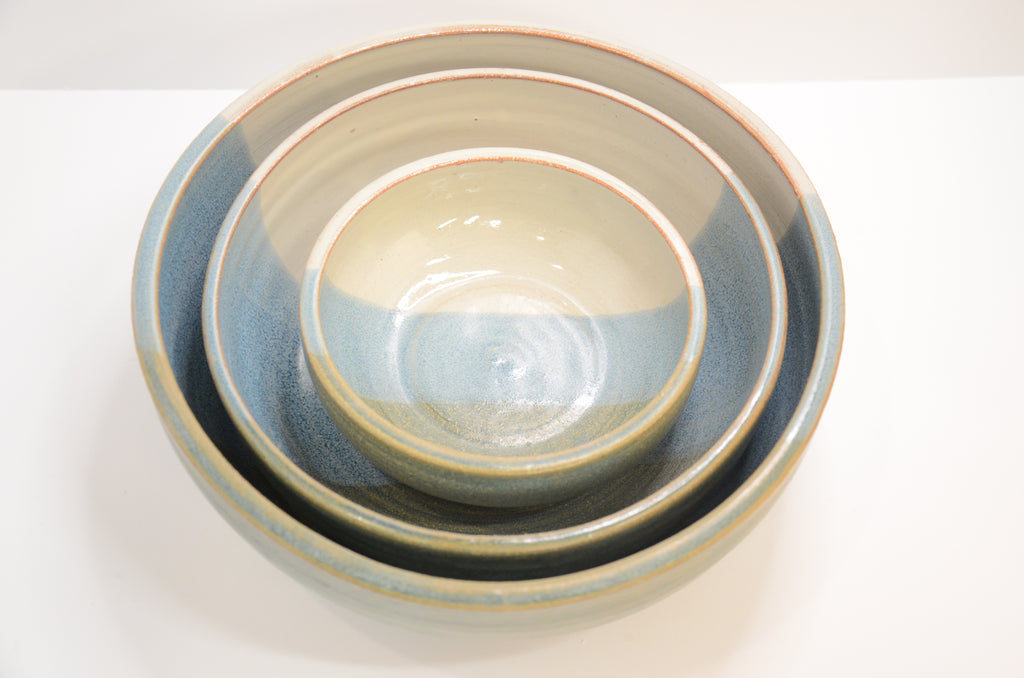 Set of 3 Nesting Bowls | Stoneware Pottery | Blue and Ivory