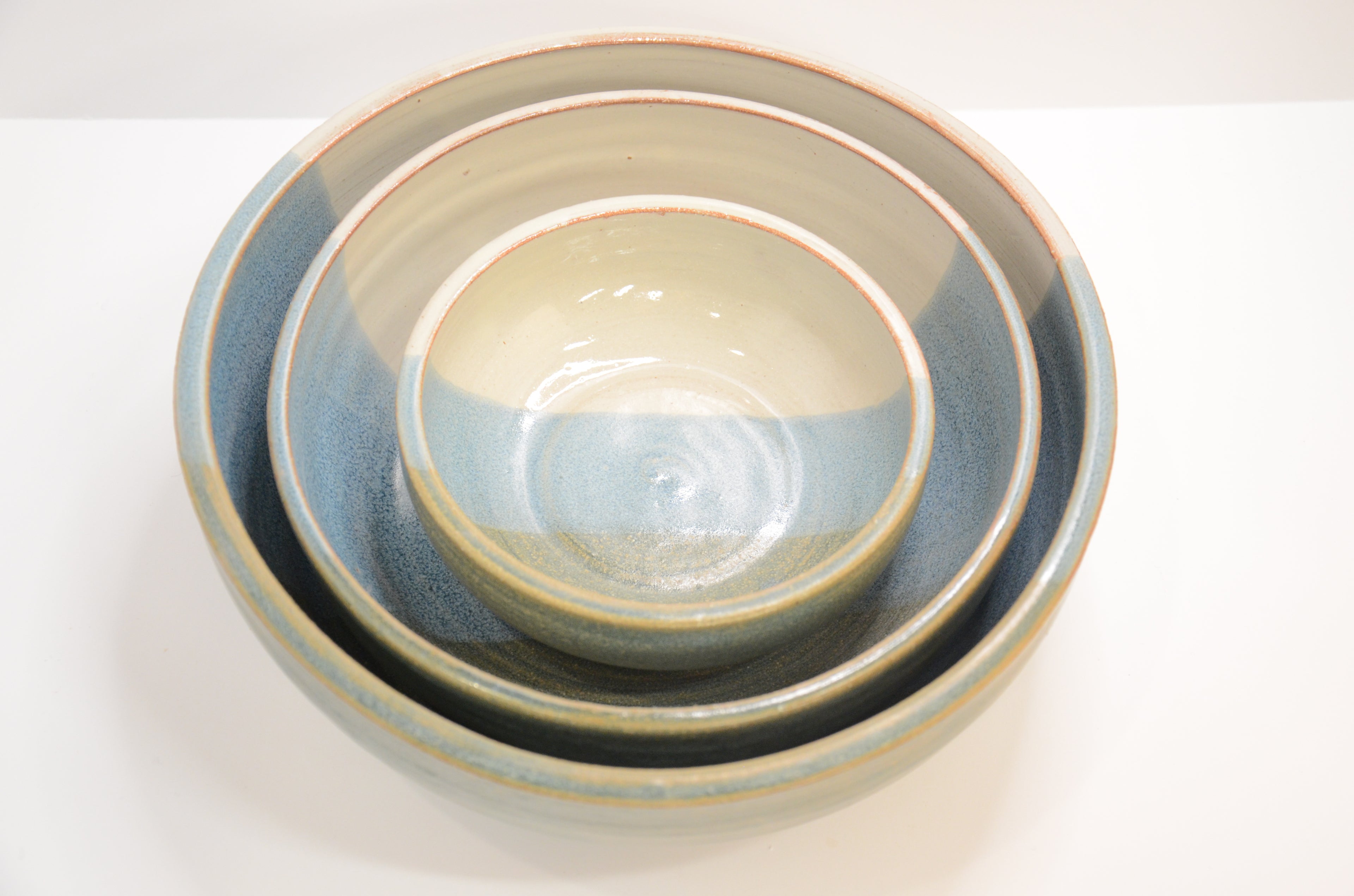 Set of 3 Nesting Bowls | Stoneware Pottery | Blue and Ivory