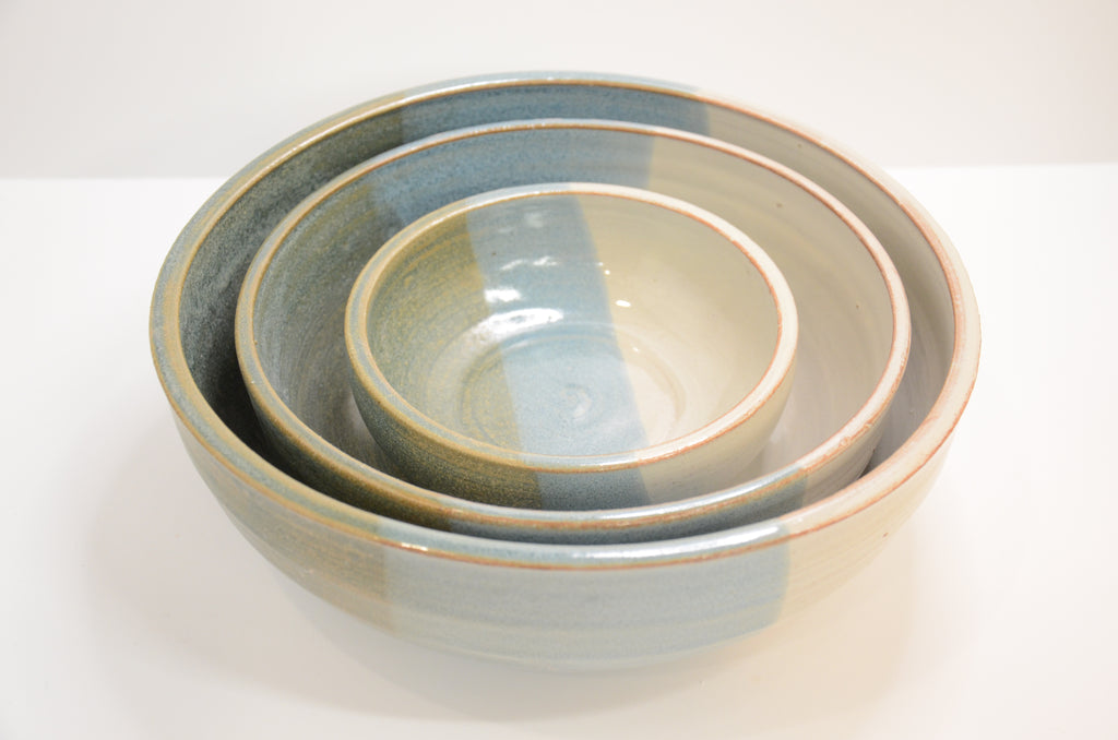 Set of 3 Nesting Bowls | Stoneware Pottery | Blue and Ivory