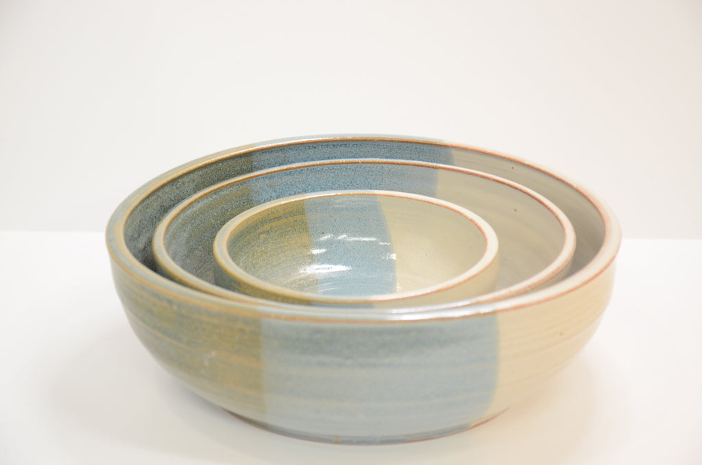 Set of 3 Nesting Bowls | Stoneware Pottery | Blue and Ivory