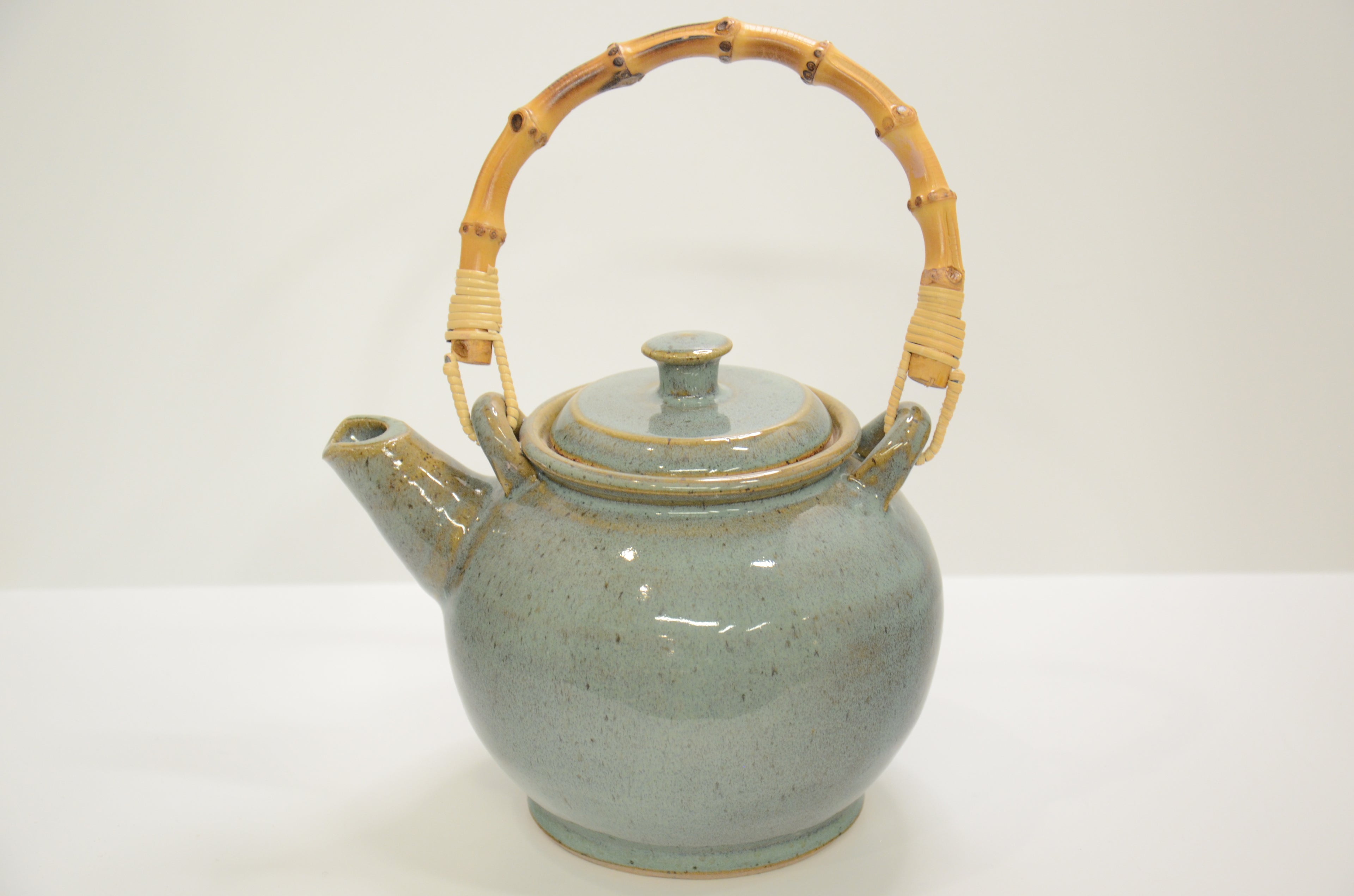 Teapot with Bamboo Handle | Stoneware Pottery | Celadon Green