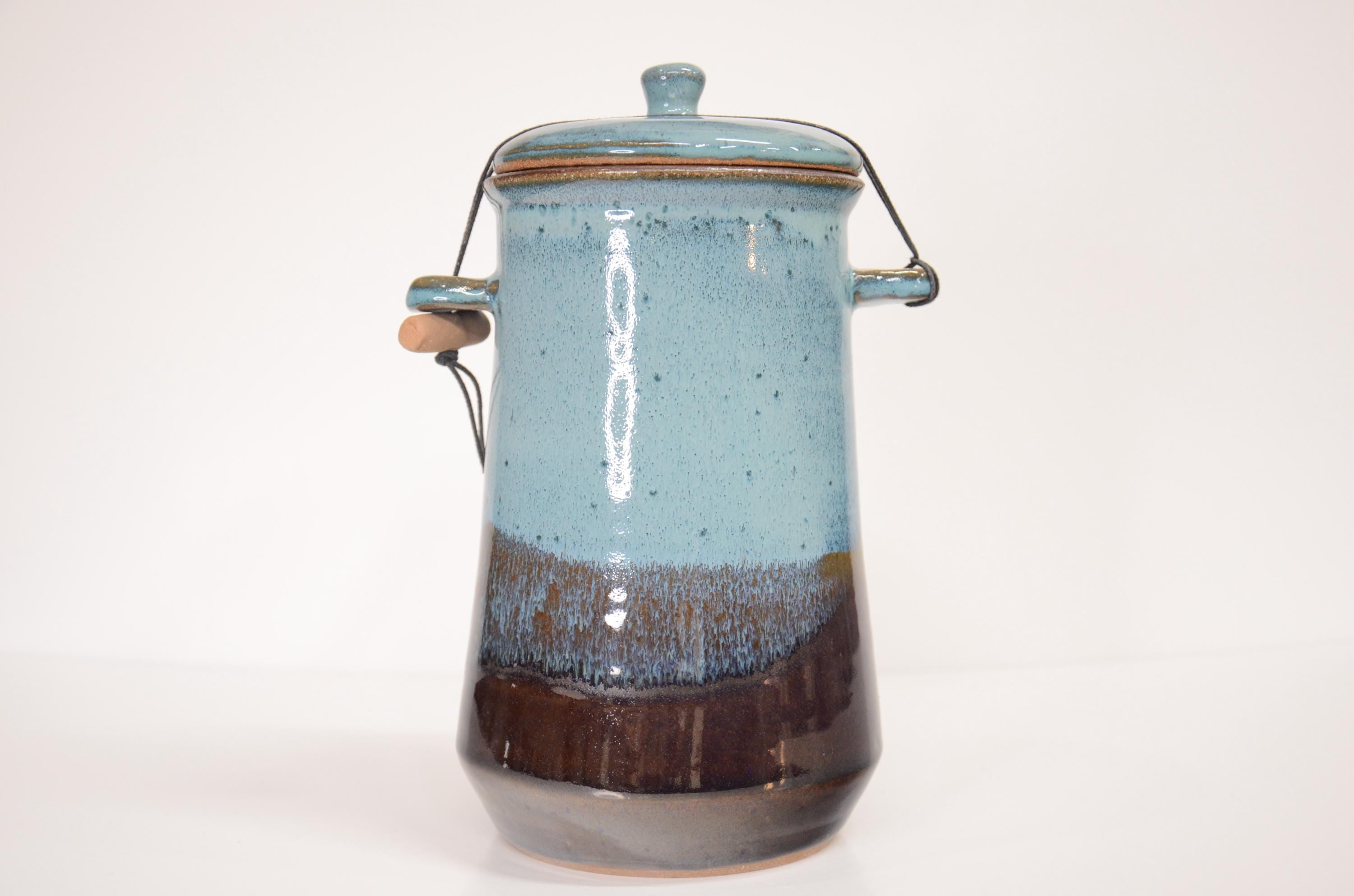 String Tied Jar | Lidded Canister | Jade Blue and Brown
